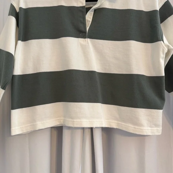 Aerie Striped Cropped Rugby Shirt Sporty Prep Oversized Womens XS Green White - Picture 6 of 13